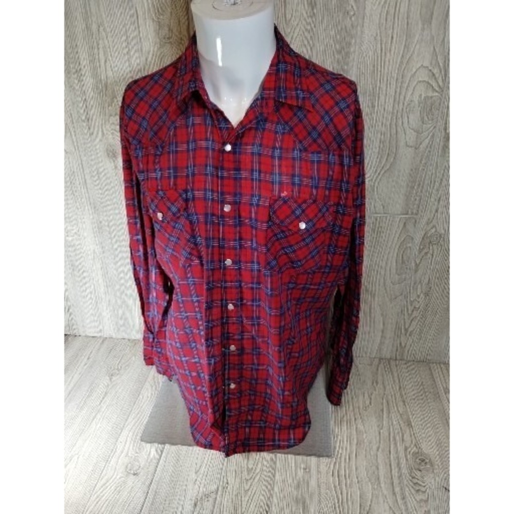 VTG Stats Mens Large‎ Red Plaid Long Sleeve Shirt Pearl Snaps Pockets RN 58726